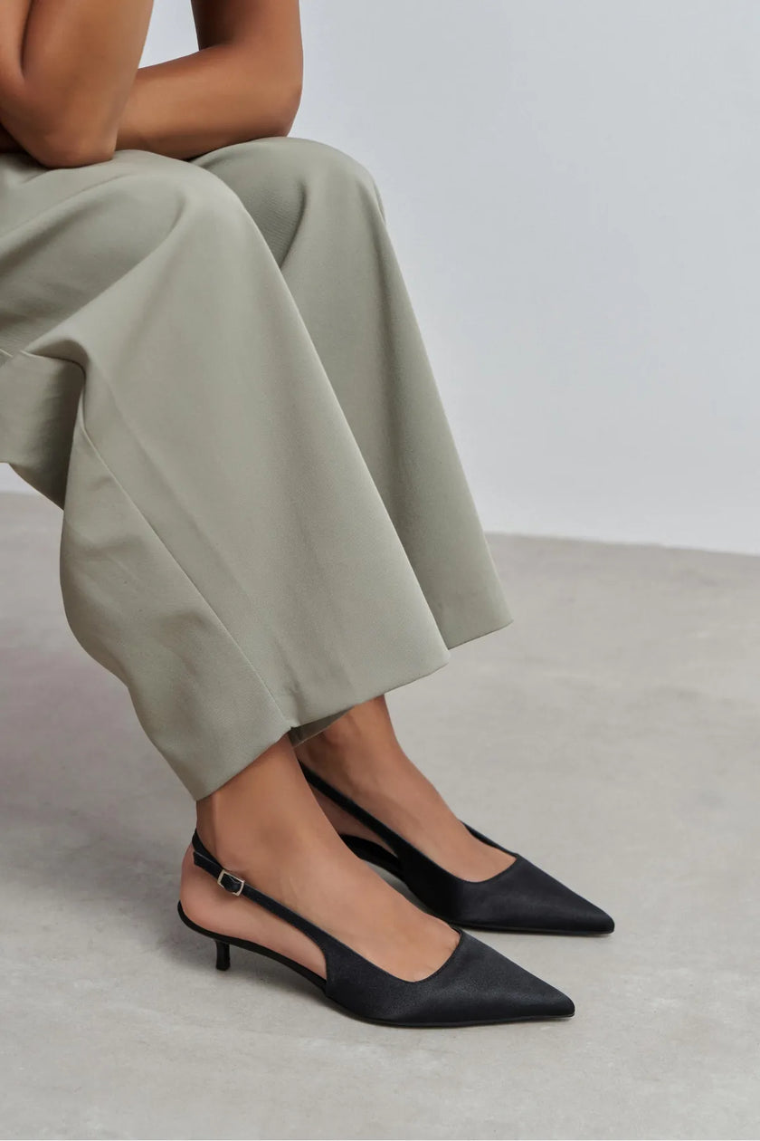 ROVIA Black Satin Pointed-Toe Thin Heel Women's Shoes