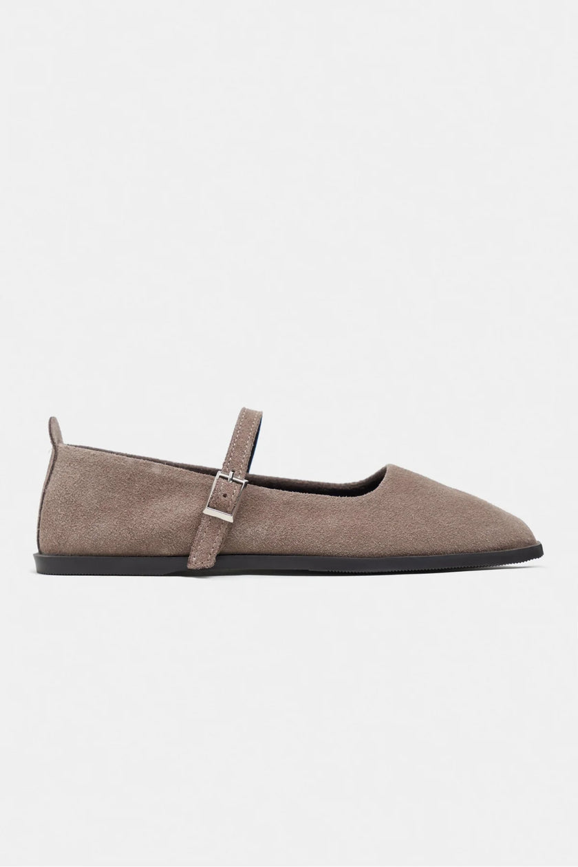 Jade Dark Beige Suede Genuine Leather Double-Buckle Flat Women's Ballet Flats