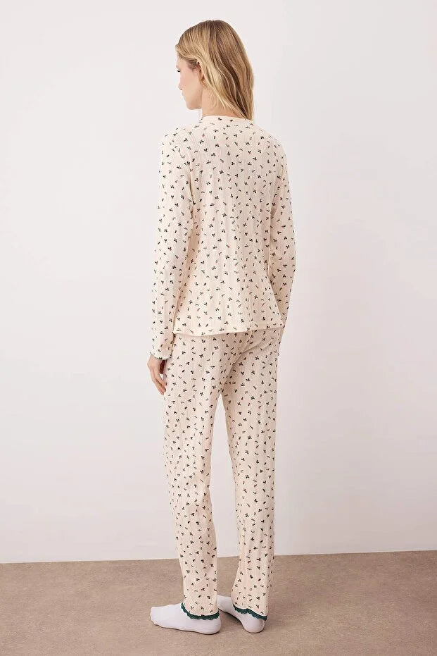 Floral Lace Detailed Corduroy/Pointel Knit Pajama Set