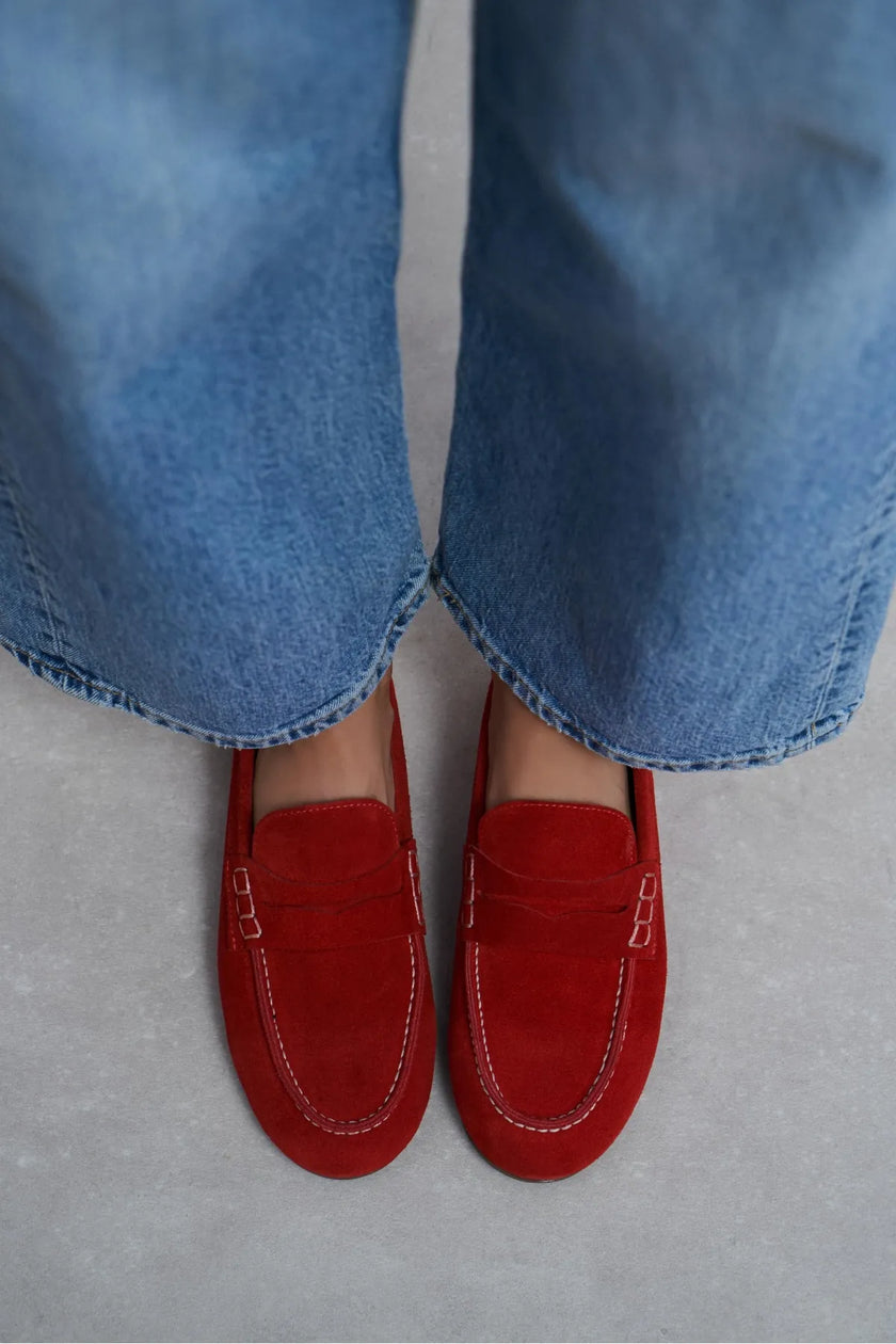 JERY Red Suede Leather Women’s Loafer Shoes