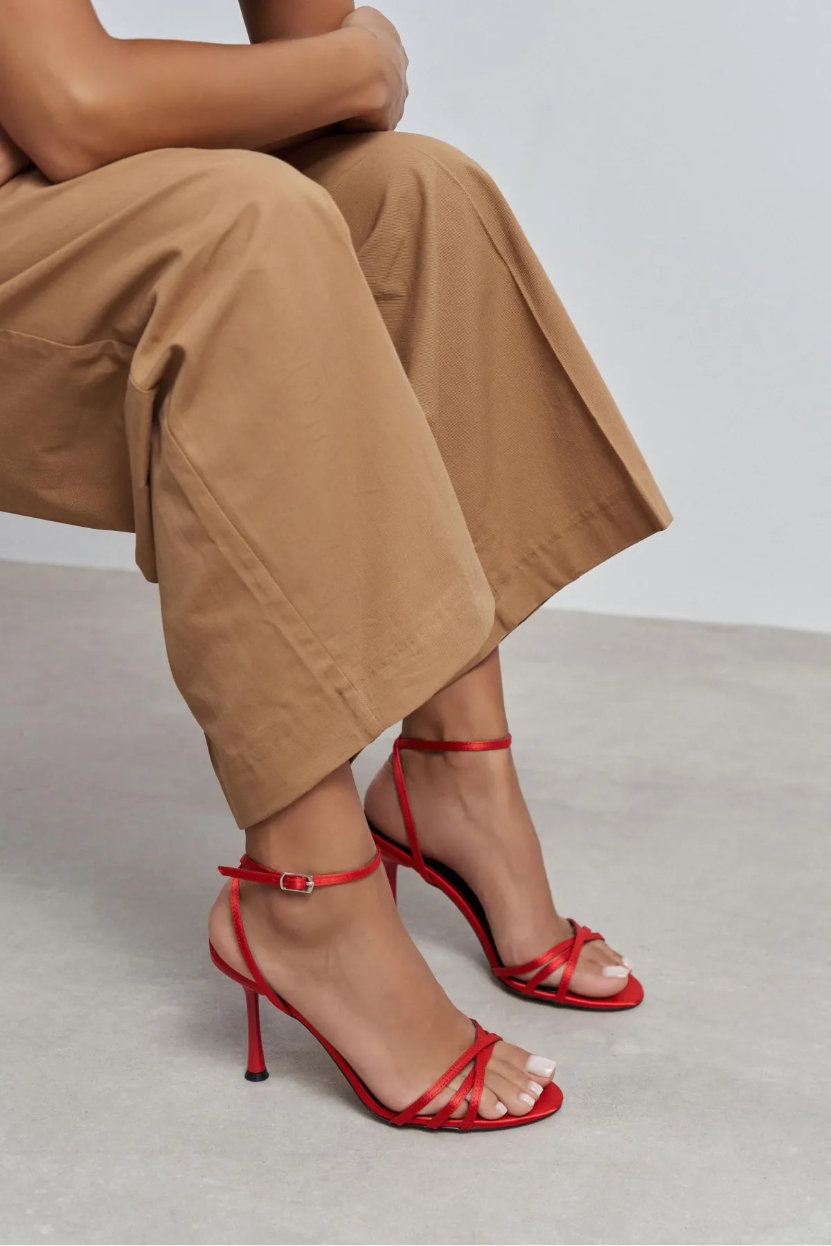 AVA RED SATIN CROSS-STRAP ANKLE TIE WOMEN’S HIGH HEELS