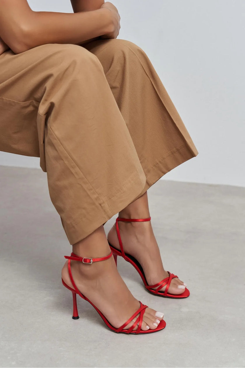 AVA RED SATIN CROSS-STRAP ANKLE TIE WOMEN’S HIGH HEELS