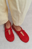 AREM Red Genuine Leather Suede Bow Detail Women's Flat Slippers