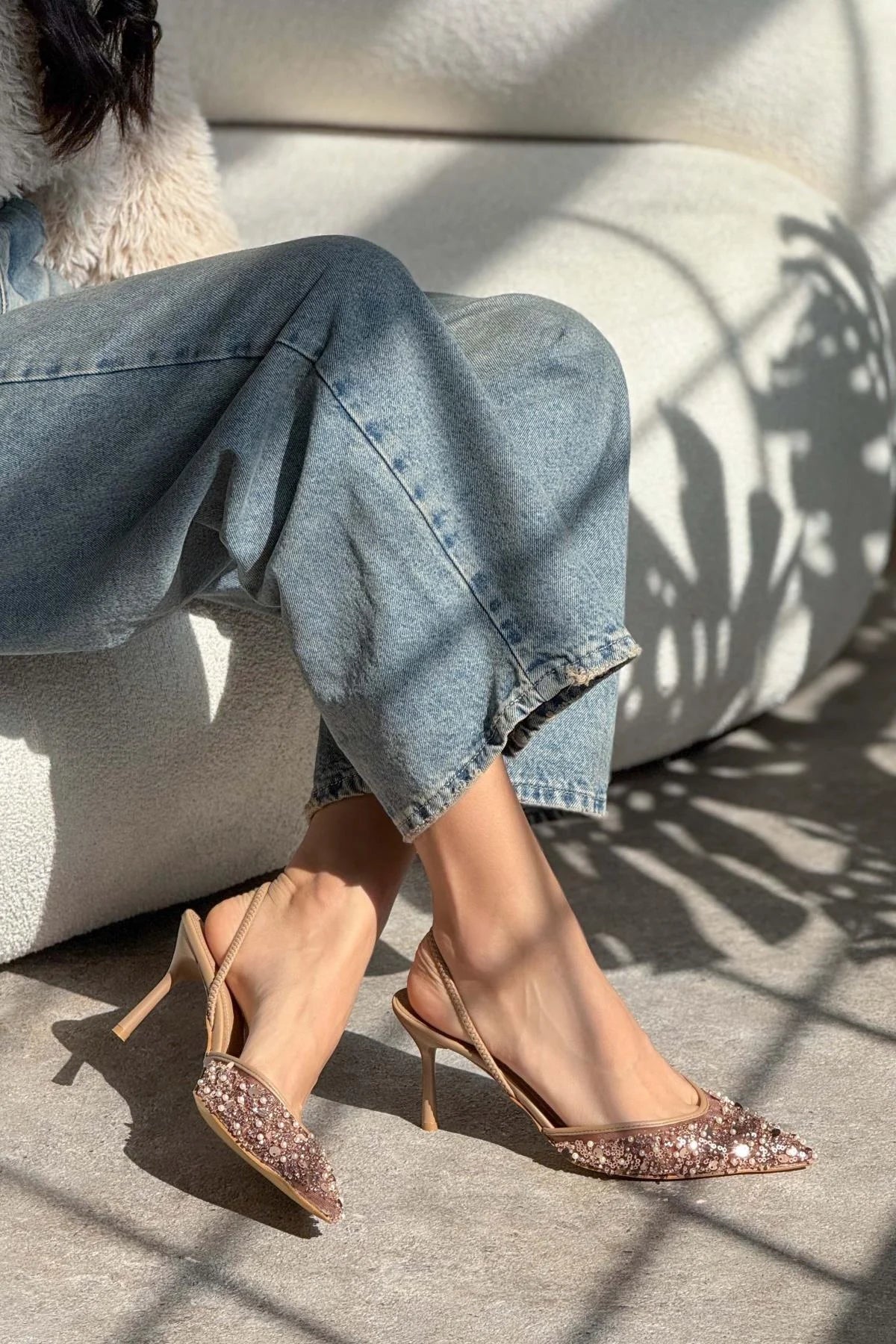 Sara Nude Pointed Toe Women's High Heel Shoes with Net Bead Detail