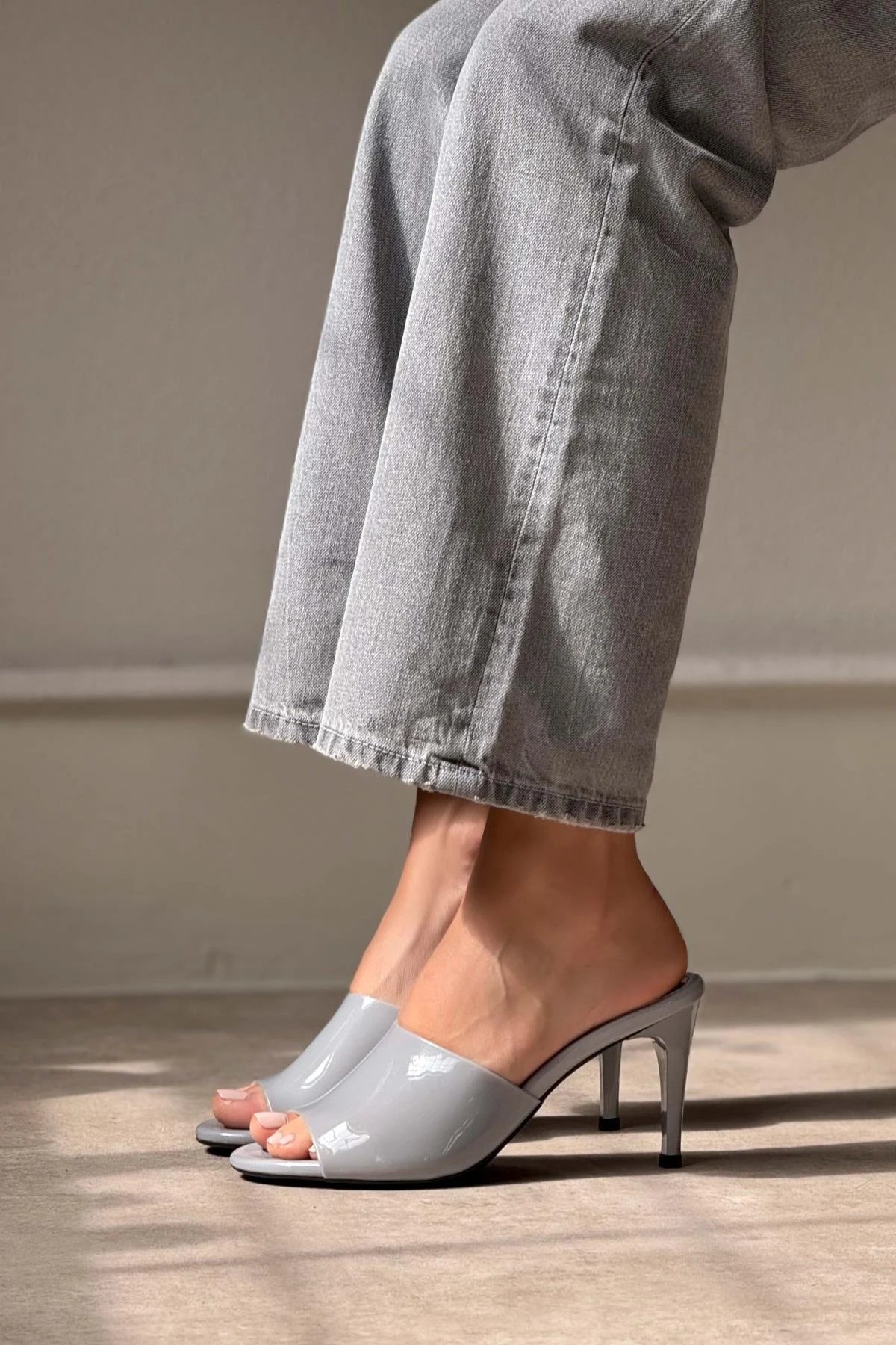 Morris Gray Transparent Band Detail Women's Heeled Slippers