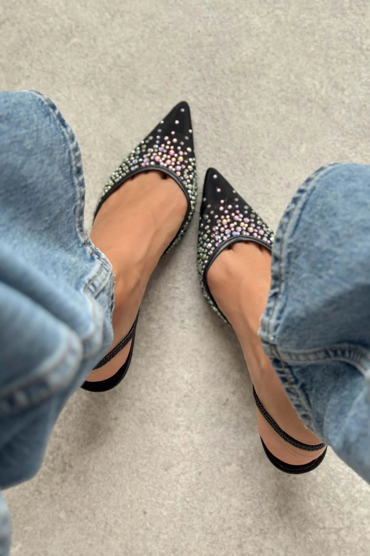 Cinderella Black Mesh Stone Detailed Pointed Toe Women's High Heel Shoes