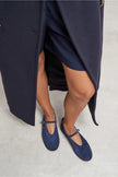 Nora Navy Blue Suede Genuine Leather Buckle Detail Flat Women's Ballet Flats