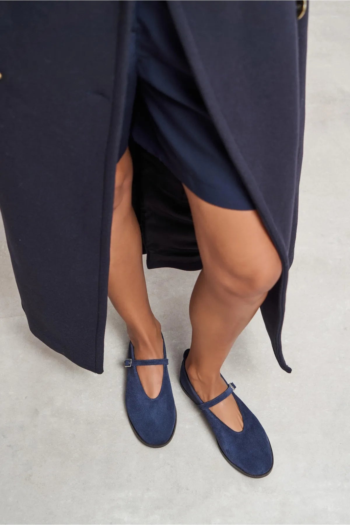 Nora Navy Blue Suede Genuine Leather Buckle Detail Flat Women's Ballet Flats