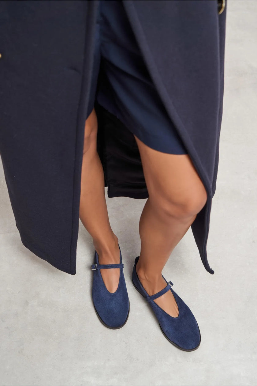 Nora Navy Blue Suede Genuine Leather Buckle Detail Flat Women's Ballet Flats