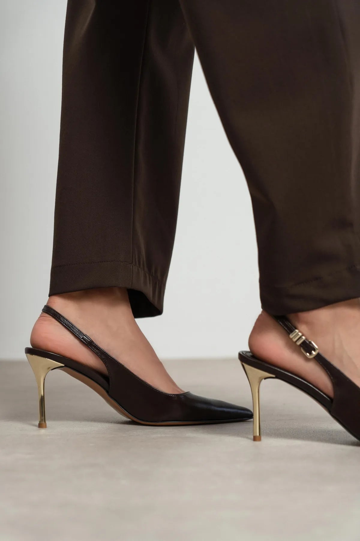 VIORA Brown Rustic Buckle Detail Women’s Gold Heel Shoes