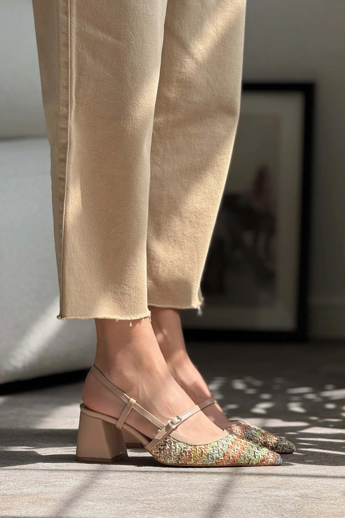 RETRO COLORED WICKER BELT DETAIL POINTED TOE WOMEN'S HEEL SHOES