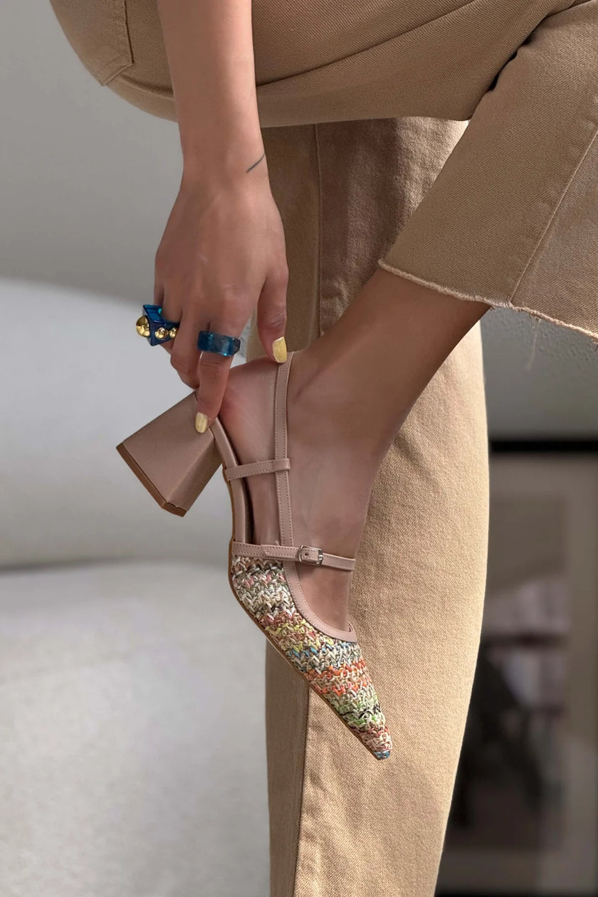 RETRO COLORED WICKER BELT DETAIL POINTED TOE WOMEN'S HEEL SHOES