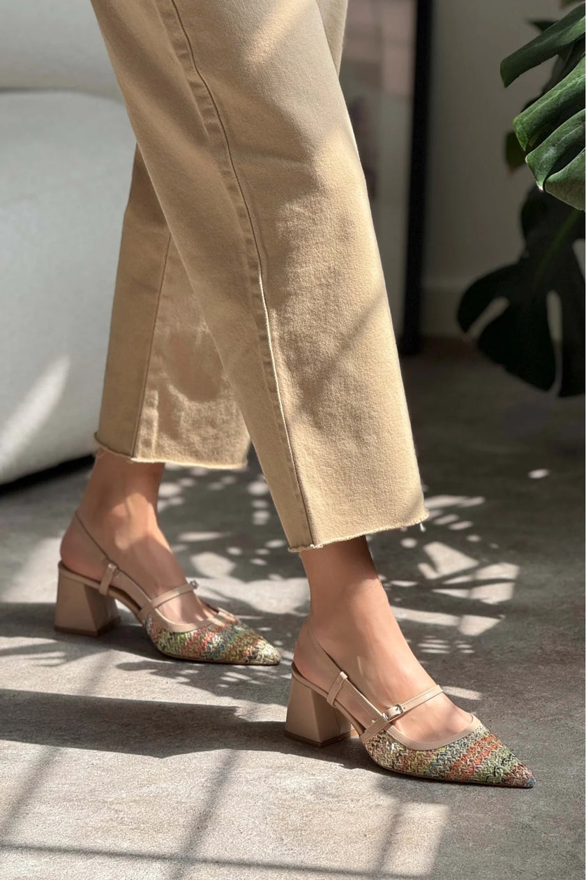 RETRO COLORED WICKER BELT DETAIL POINTED TOE WOMEN'S HEEL SHOES