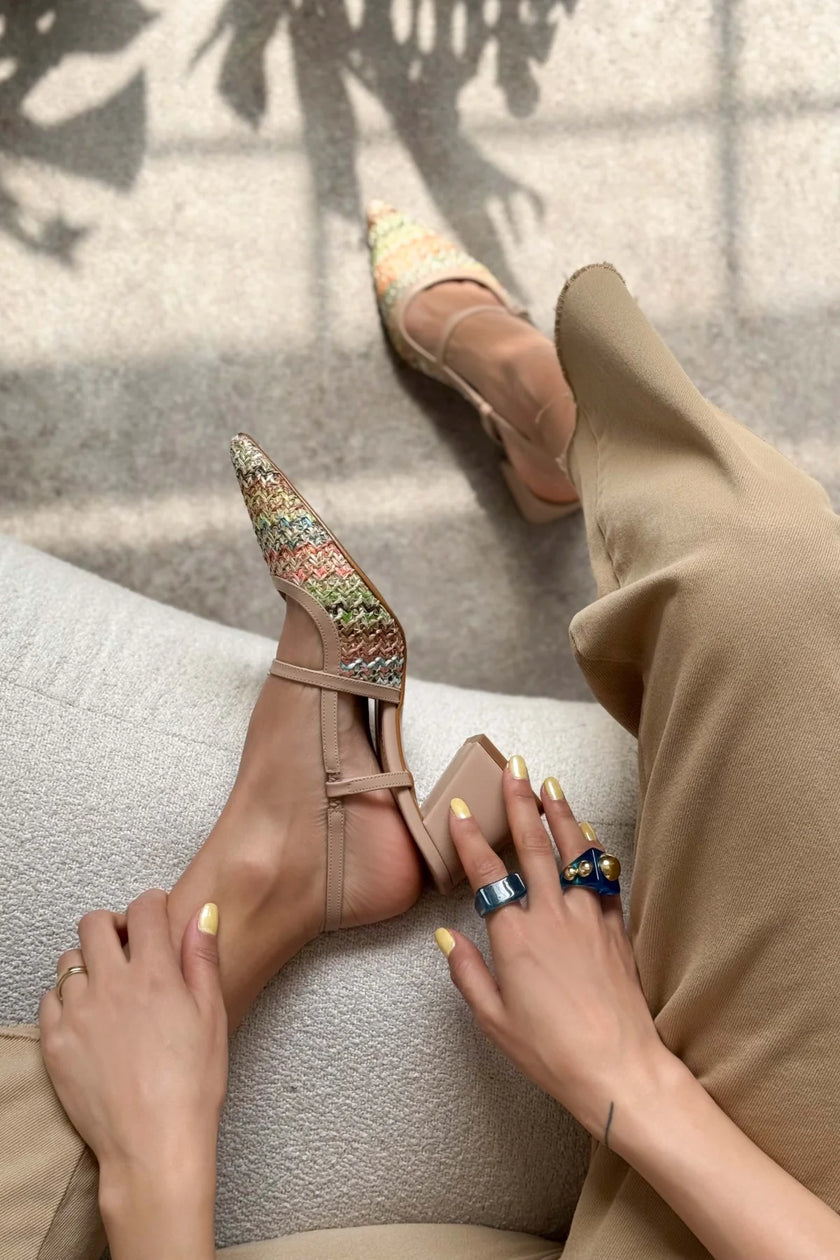 RETRO COLORED WICKER BELT DETAIL POINTED TOE WOMEN'S HEEL SHOES