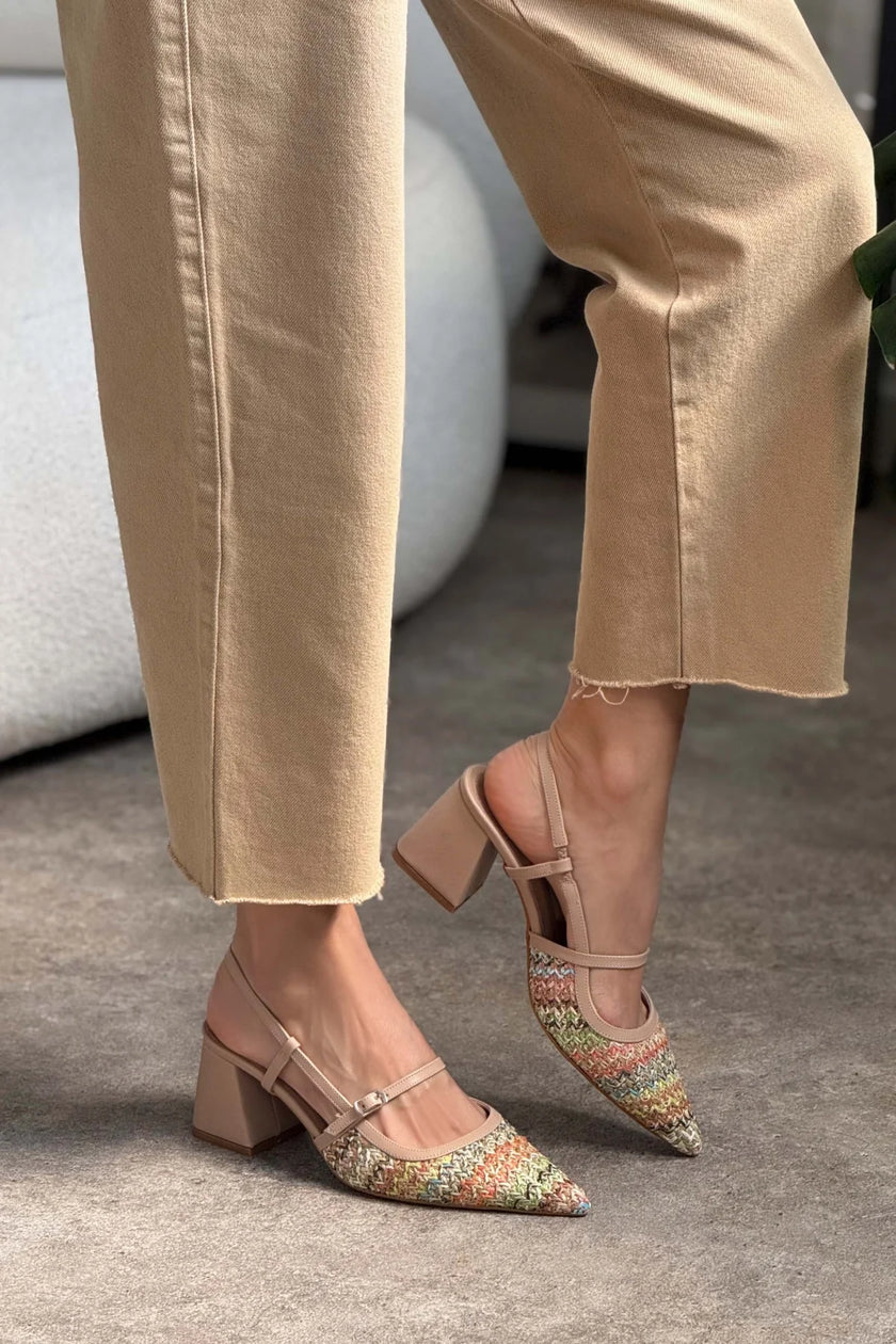 RETRO COLORED WICKER BELT DETAIL POINTED TOE WOMEN'S HEEL SHOES