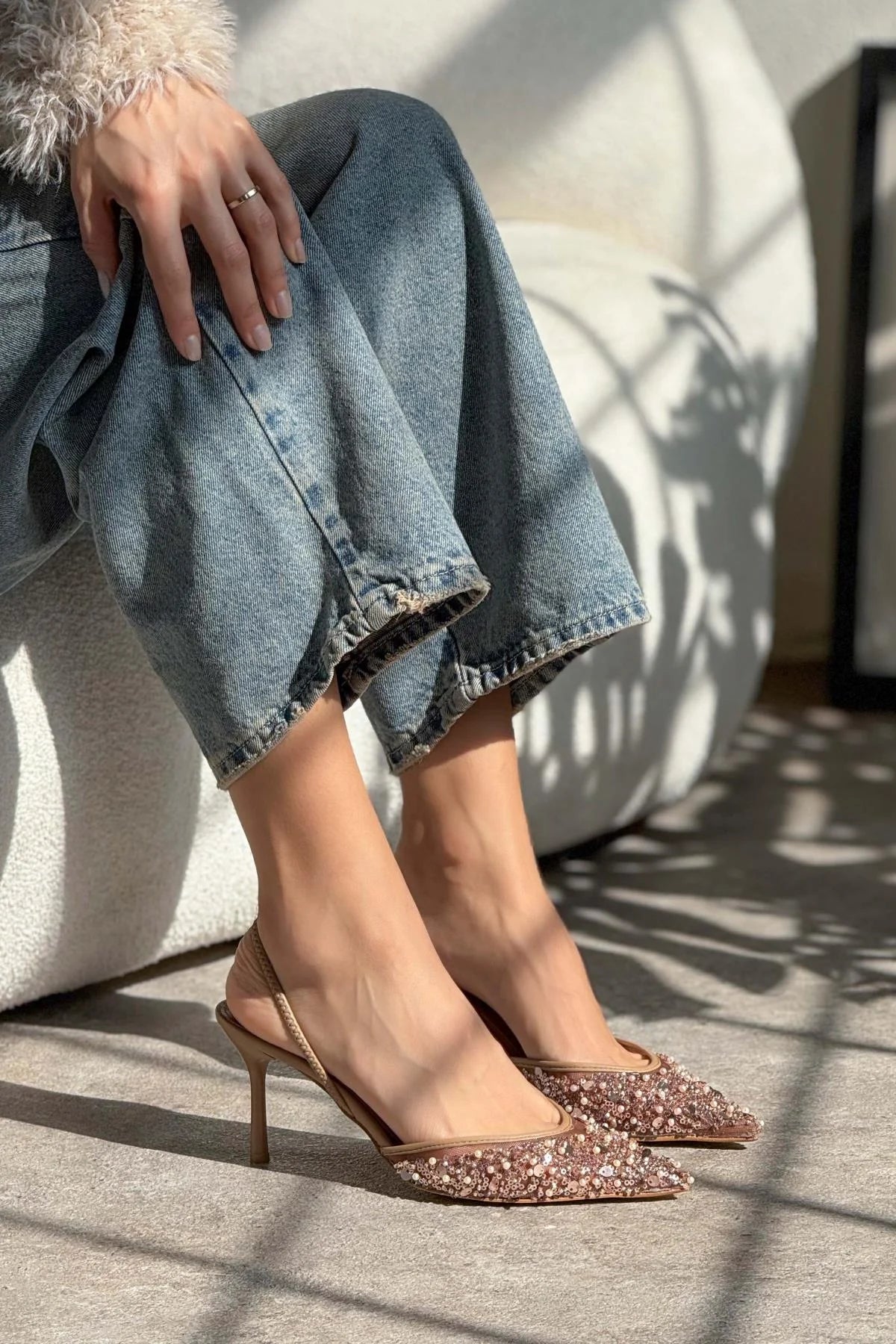 Sara Nude Pointed Toe Women's High Heel Shoes with Net Bead Detail