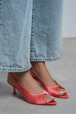 SALVA Salmon Satin Pointed Toe Open Front Women’s Heels