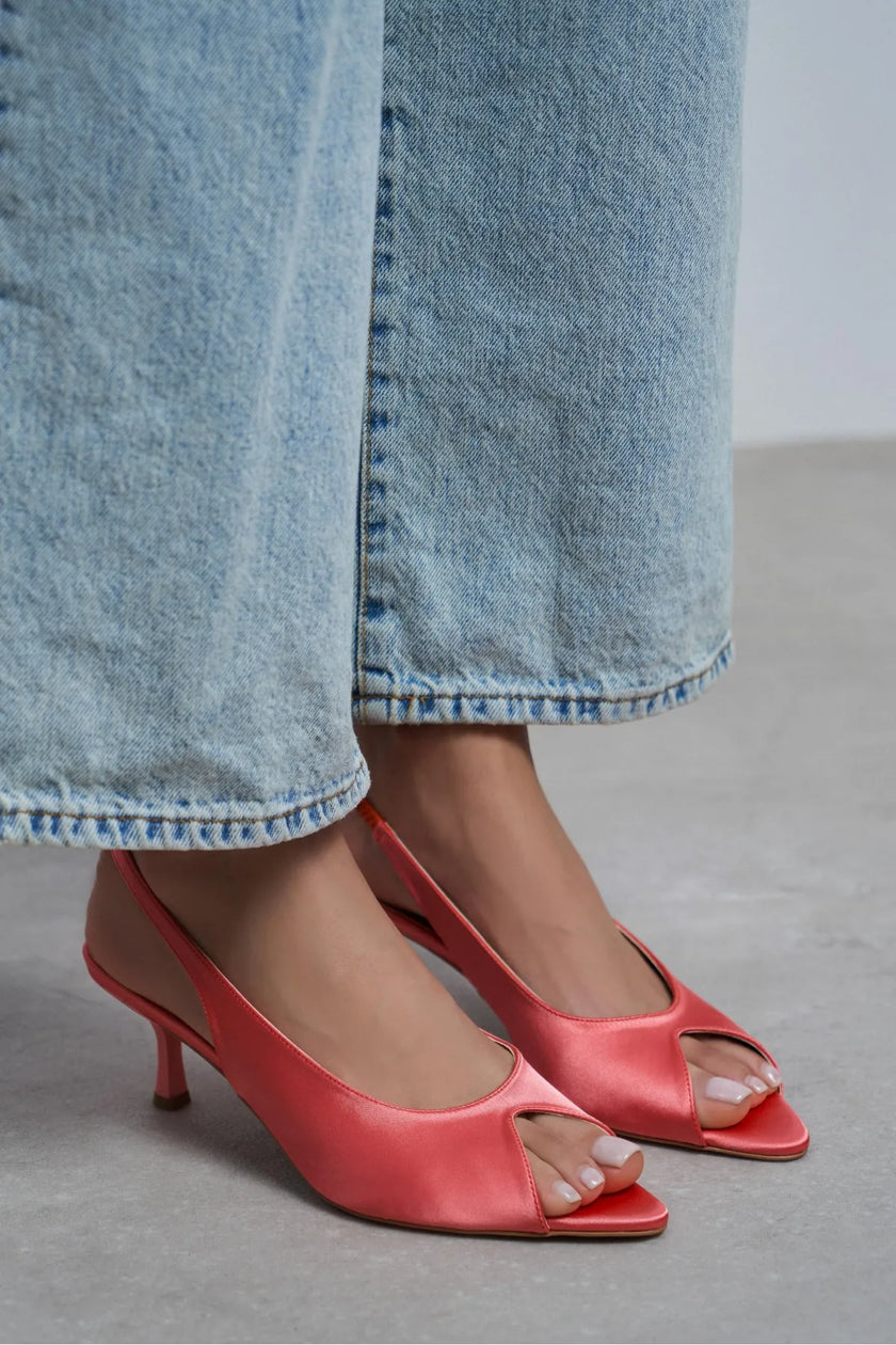 SALVA Salmon Satin Pointed Toe Open Front Women’s Heels