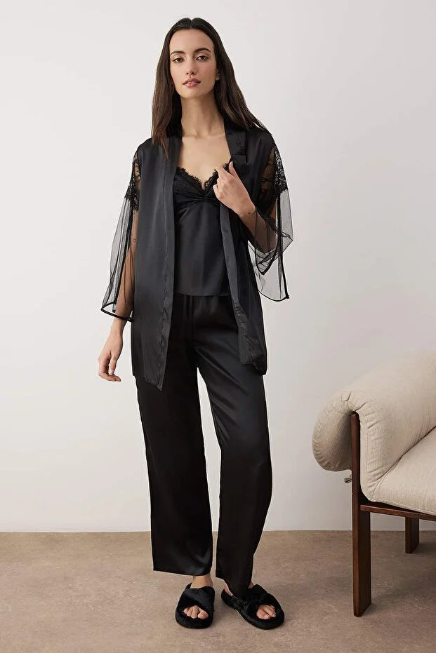 Black Plain Satin Weave Pajama Set