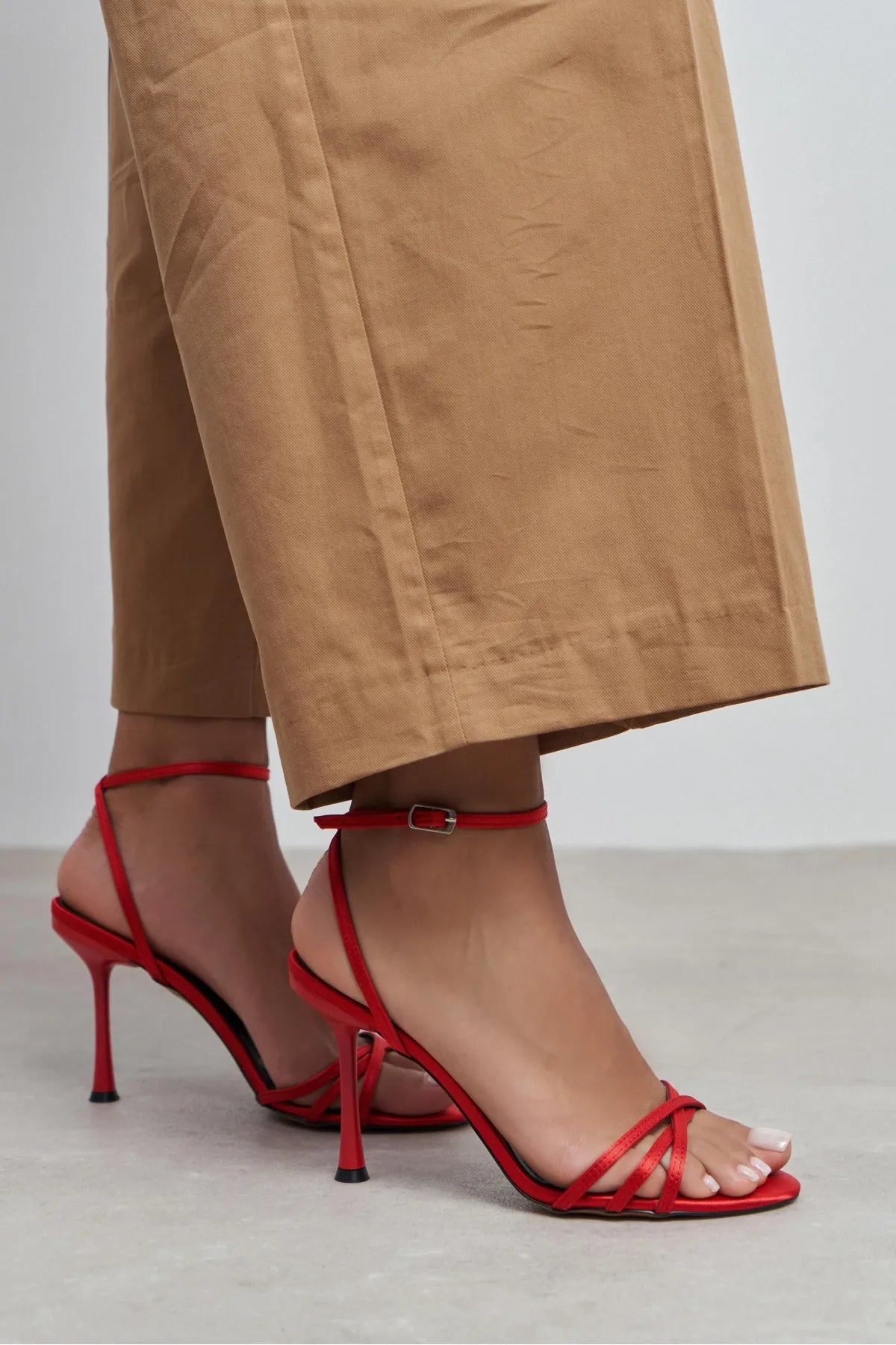 AVA RED SATIN CROSS-STRAP ANKLE TIE WOMEN’S HIGH HEELS