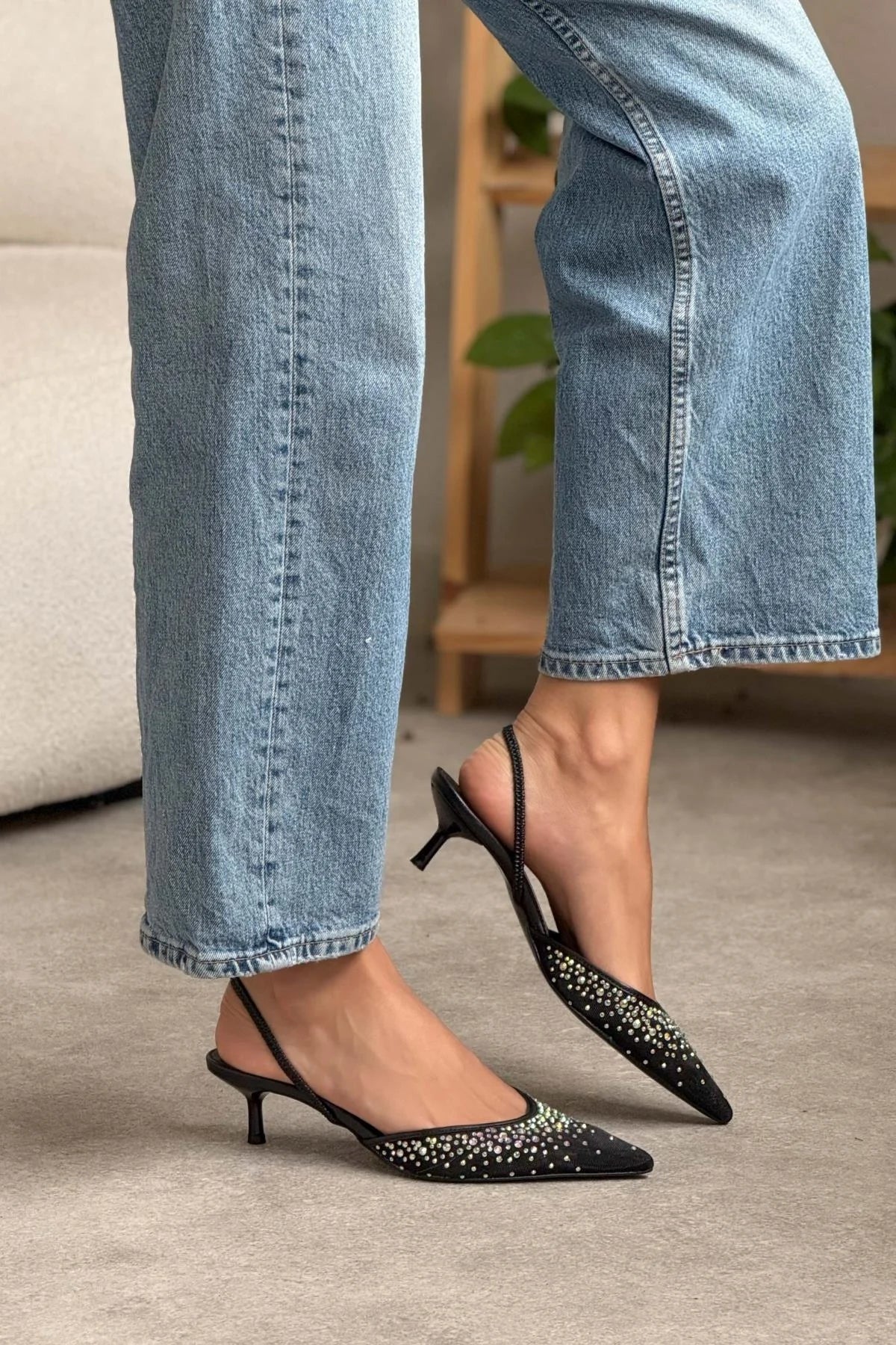 Cinderella Black Mesh Stone Detailed Pointed Toe Women's High Heel Shoes