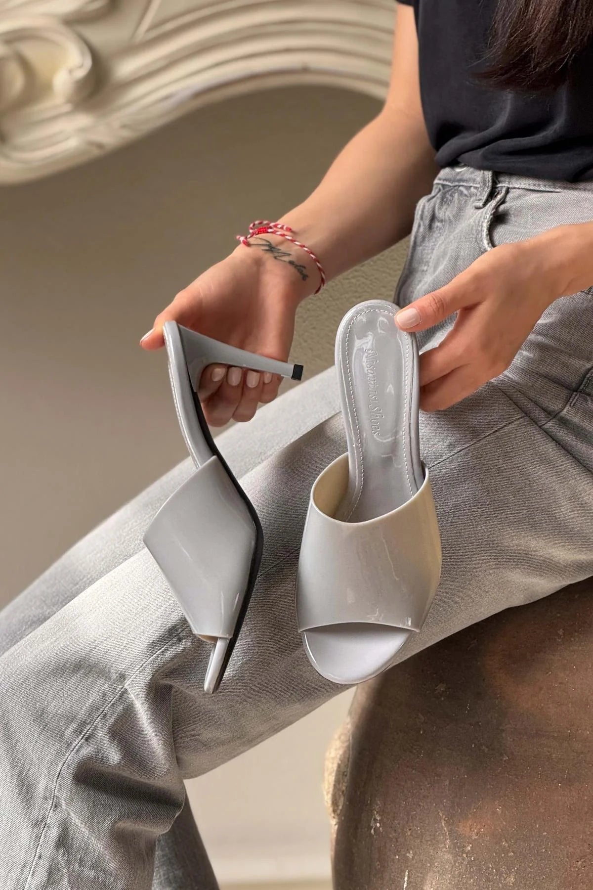 Morris Gray Transparent Band Detail Women's Heeled Slippers