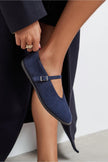 Nora Navy Blue Suede Genuine Leather Buckle Detail Flat Women's Ballet Flats
