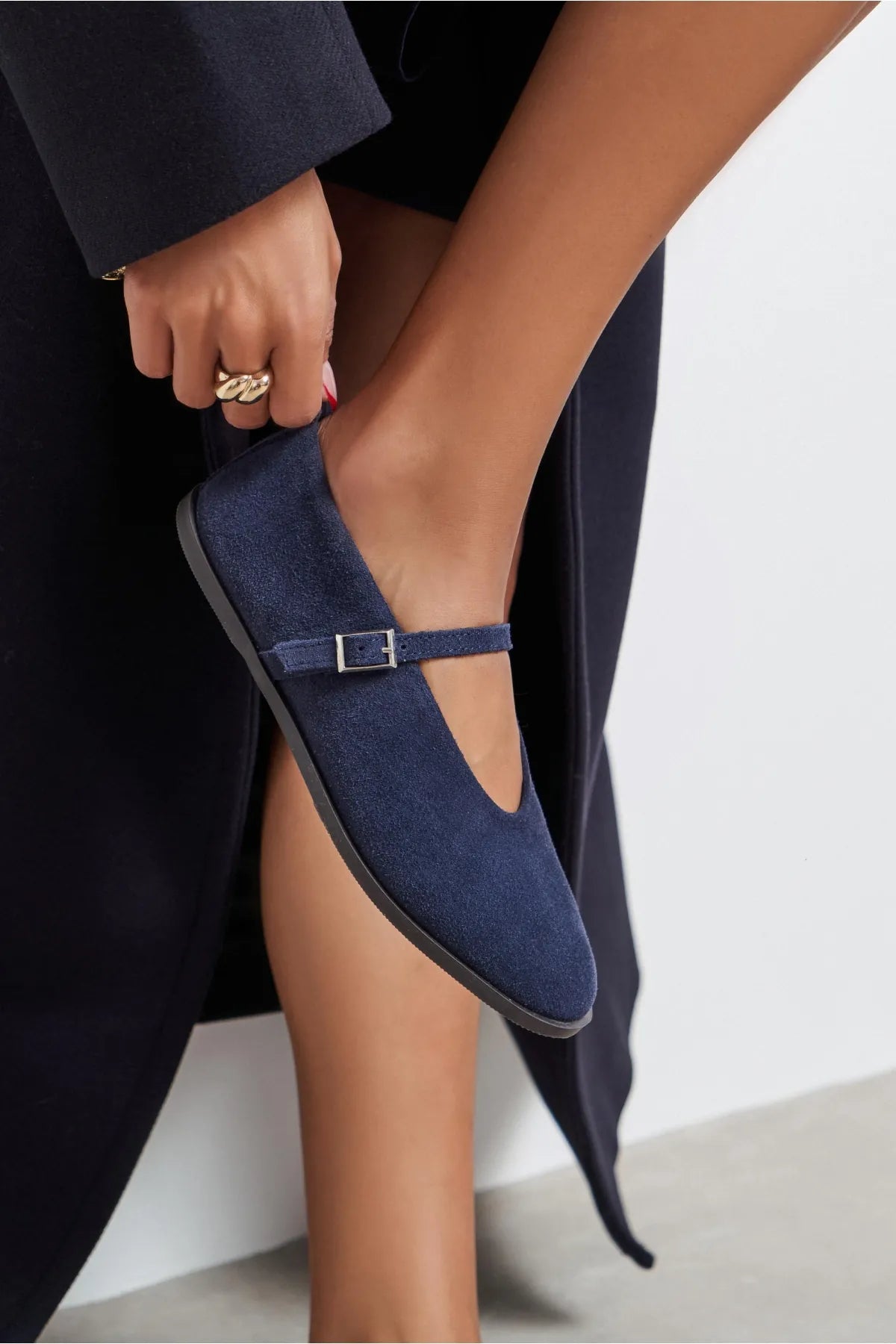 Nora Navy Blue Suede Genuine Leather Buckle Detail Flat Women's Ballet Flats