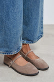 Jade Dark Beige Suede Genuine Leather Double-Buckle Flat Women's Ballet Flats