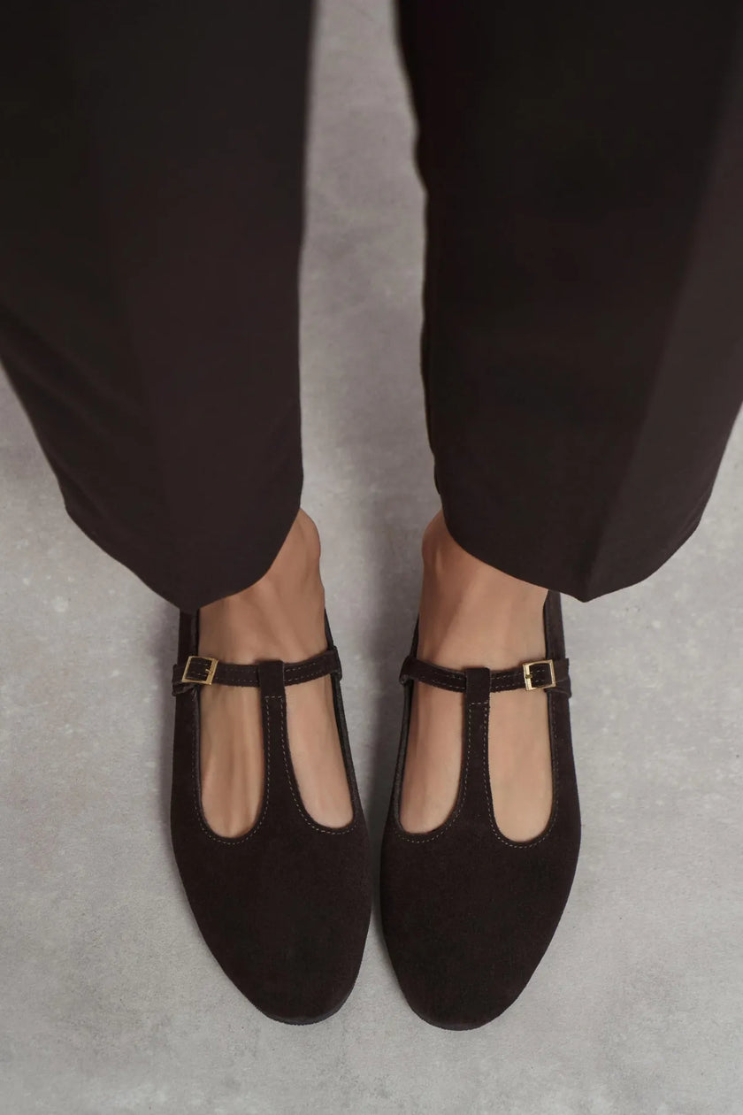PALMER Dark Brown Genuine Suede Buckle Detail Women’s Flat Ballet Shoes