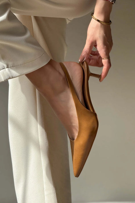 MELVIN Caramel Patterned Matte Women’s Heeled Shoes with Elastic Ankle Detail