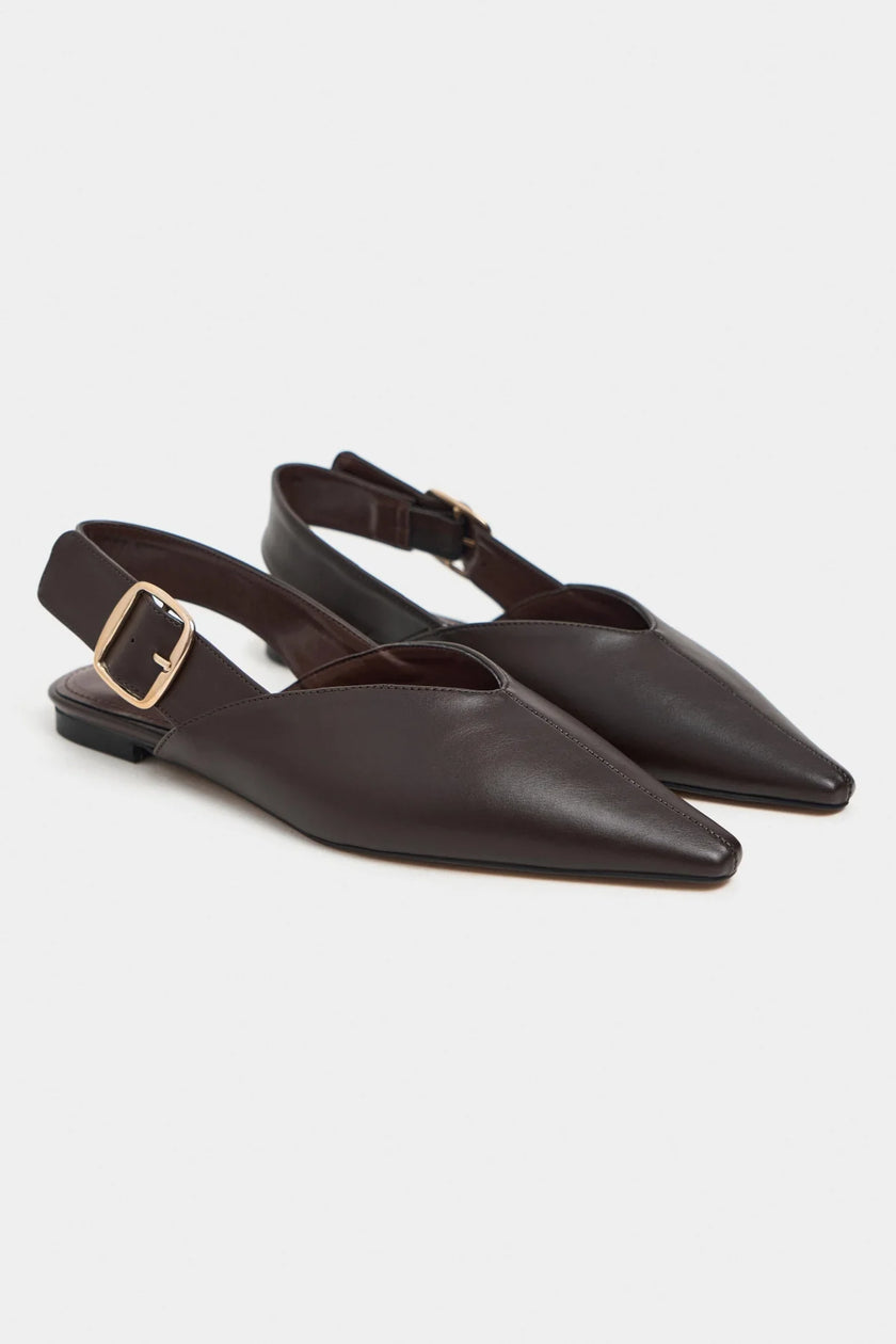 BENETO Coffee Matte Pointed Toe Belt Detail Women’s Ballet Flats