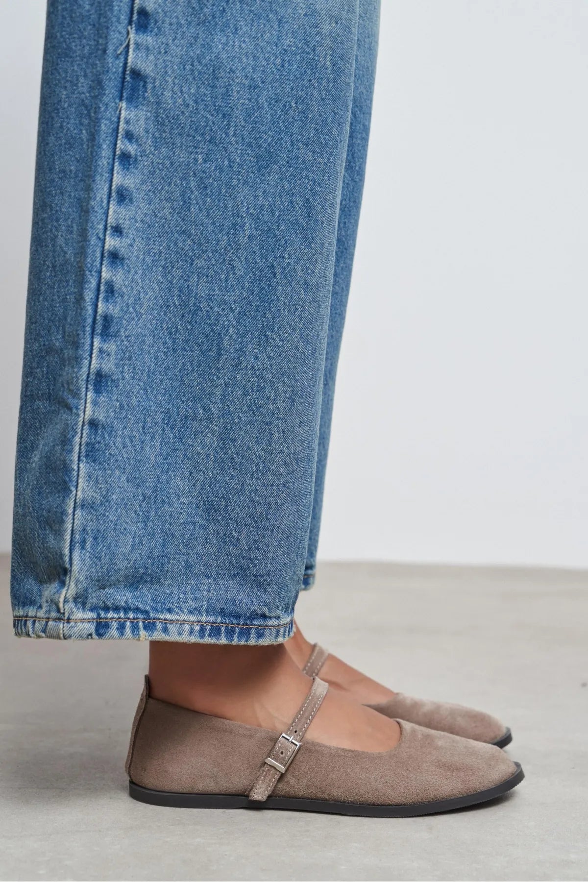 Jade Dark Beige Suede Genuine Leather Double-Buckle Flat Women's Ballet Flats
