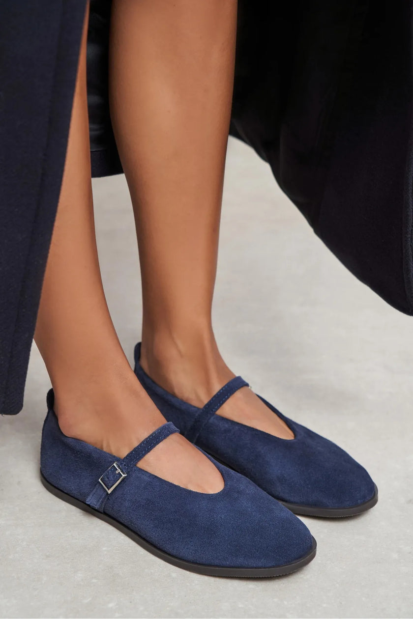 Nora Navy Blue Suede Genuine Leather Buckle Detail Flat Women's Ballet Flats