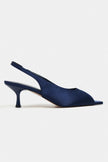 SALVA Navy Satin Pointed Toe Open Front Women’s Heels
