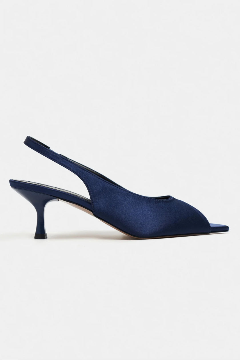 SALVA Navy Satin Pointed Toe Open Front Women’s Heels