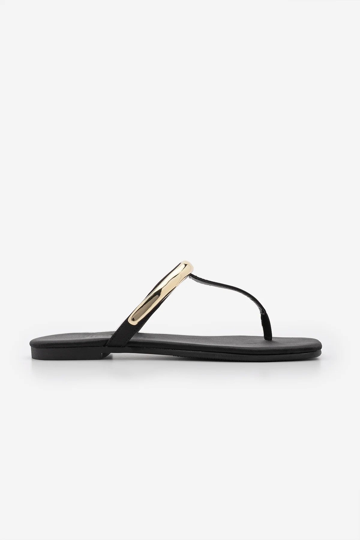 LUSINA Black Satin Toe-Post Women’s Flat Sandals with Gold Metal Detail