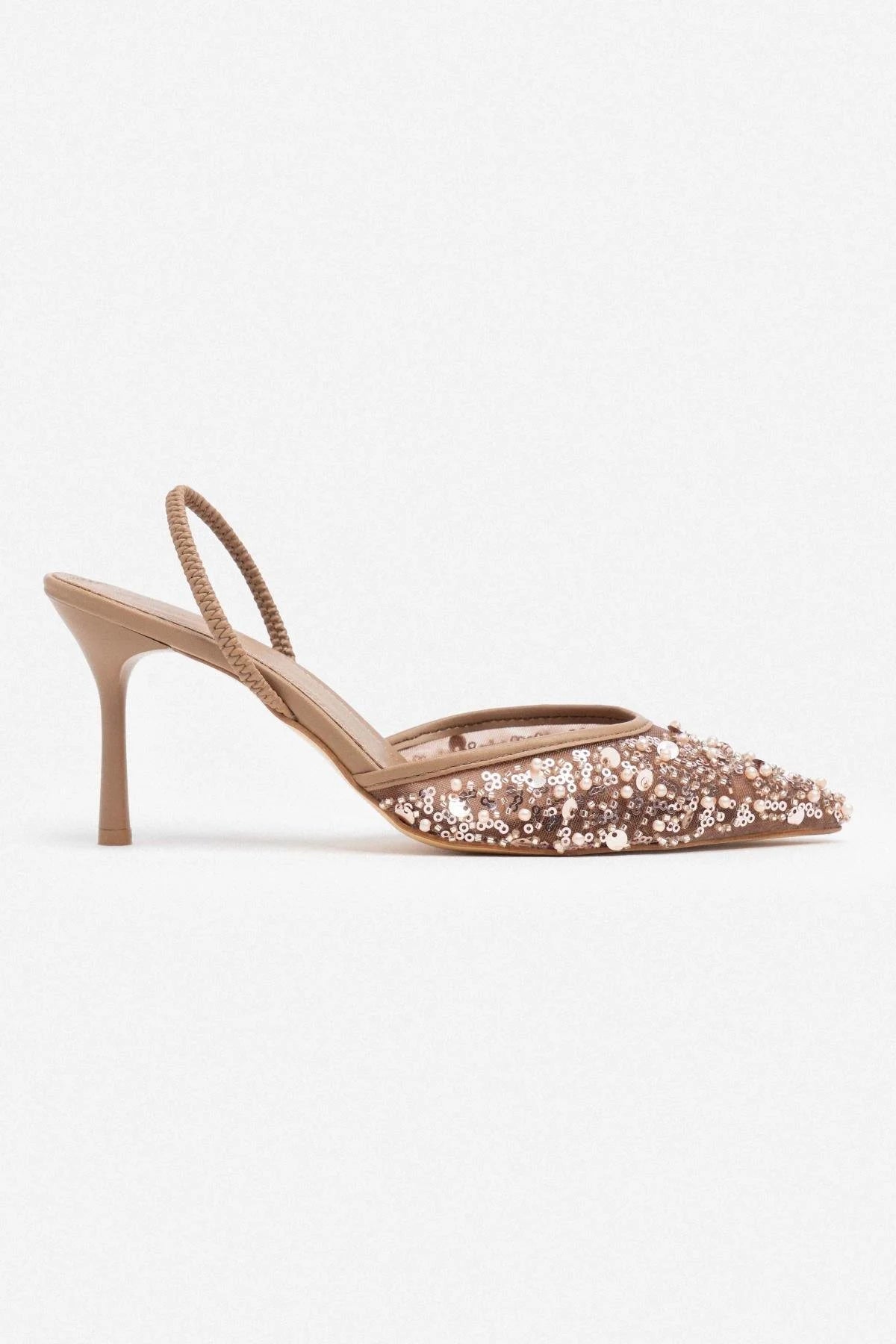 Sara Nude Pointed Toe Women's High Heel Shoes with Net Bead Detail