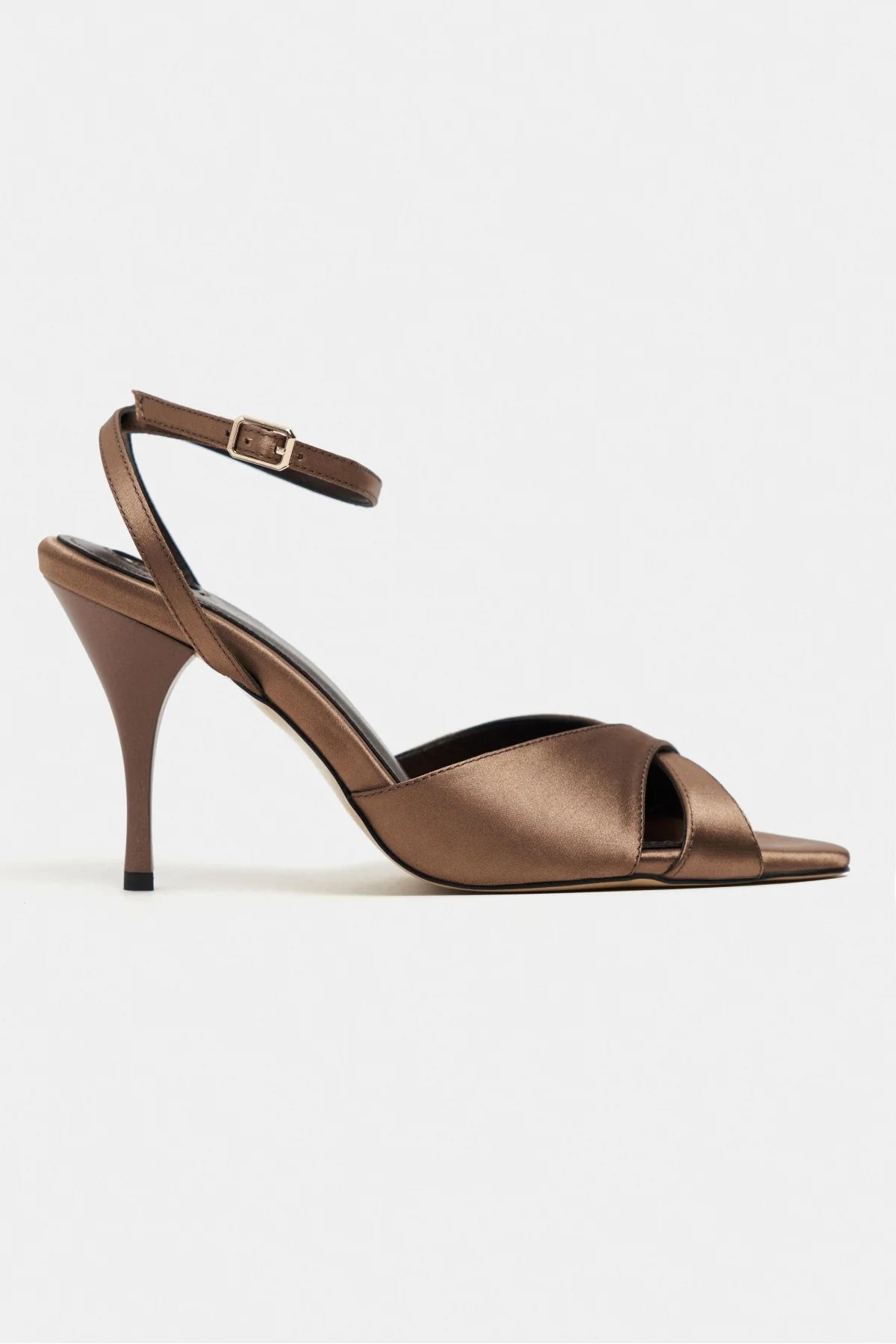 MONICA Brown Satin Ankle-Strap Detail Women’s Slim High-Heel Shoes