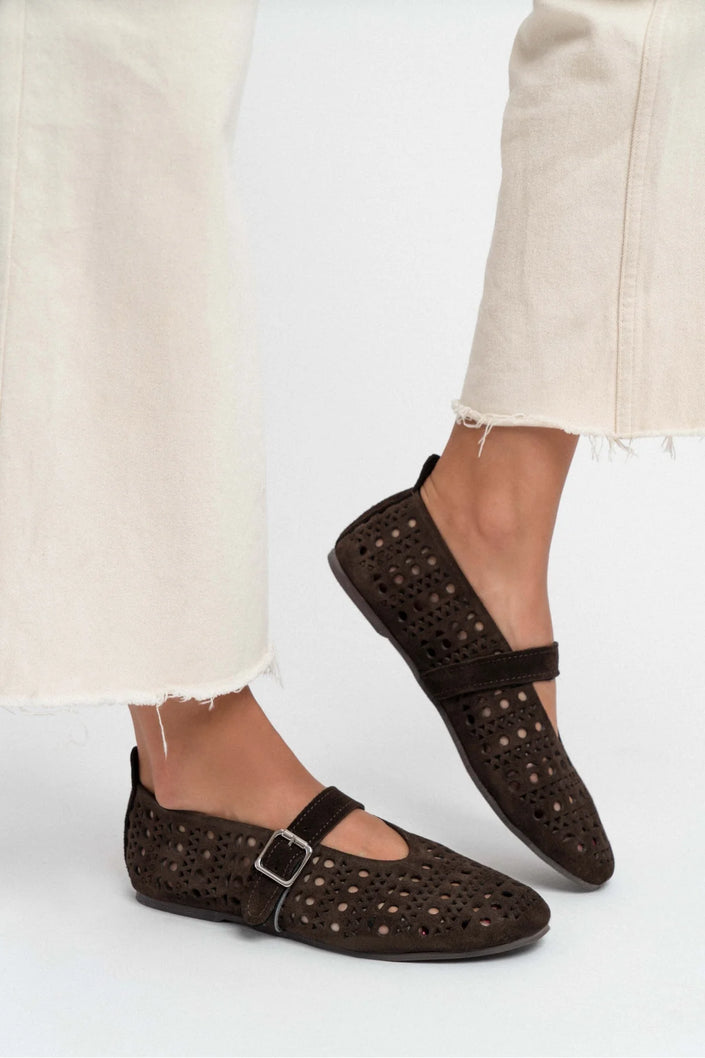 PATTER BROWN SUEDE STUDDED GENUINE LEATHER BUCKLE DETAIL FLAT SOLE BALLERINA