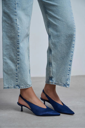 WILSON Navy Satin Neoprene Slingback Women’s Heels