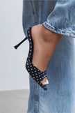 RENATA Black Polka Dot Open Pointed-Toe Women's Heeled Slippers