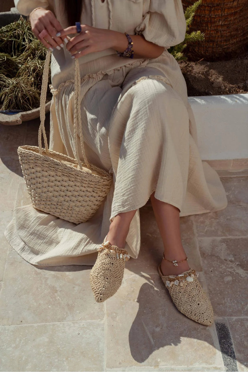 Lisa Beige Knitted Seashell Detailed Women's Slippers