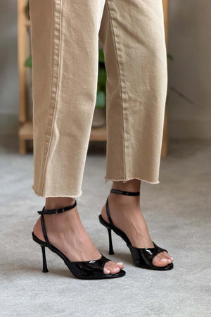 Charms Black Patent Leather Ankle Belt Detailed Women's Thin Heel Shoes