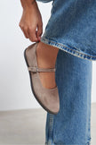 Jade Dark Beige Suede Genuine Leather Double-Buckle Flat Women's Ballet Flats
