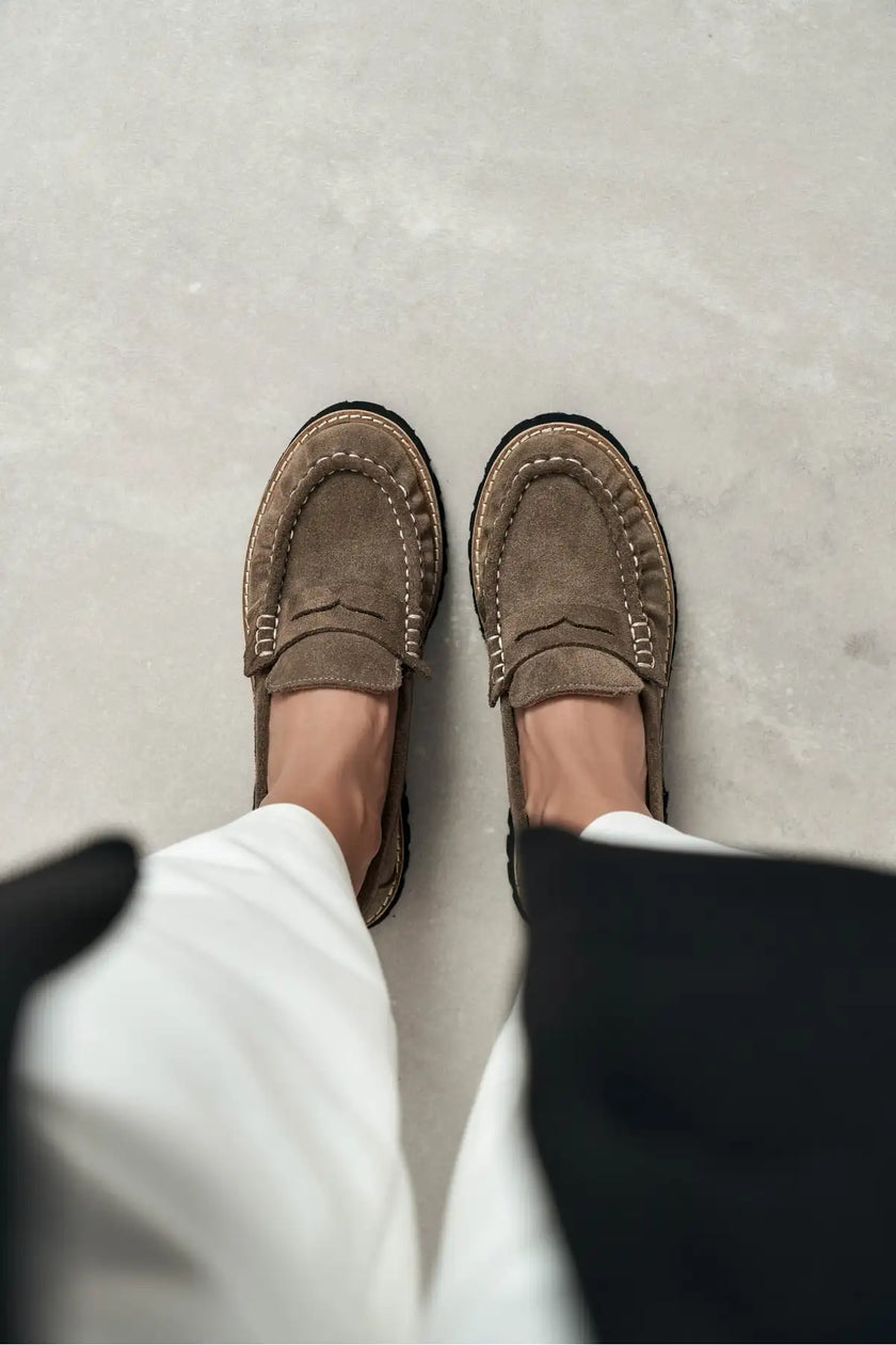 ALEVTİNA DARK BEIGE SUEDE GENUINE LEATHER THICK-SOLED WOMEN'S LOAFER SHOES