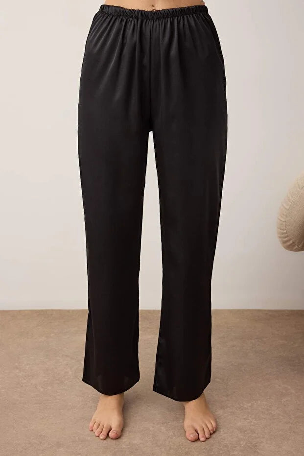 Black Plain Satin Weave Pajama Set