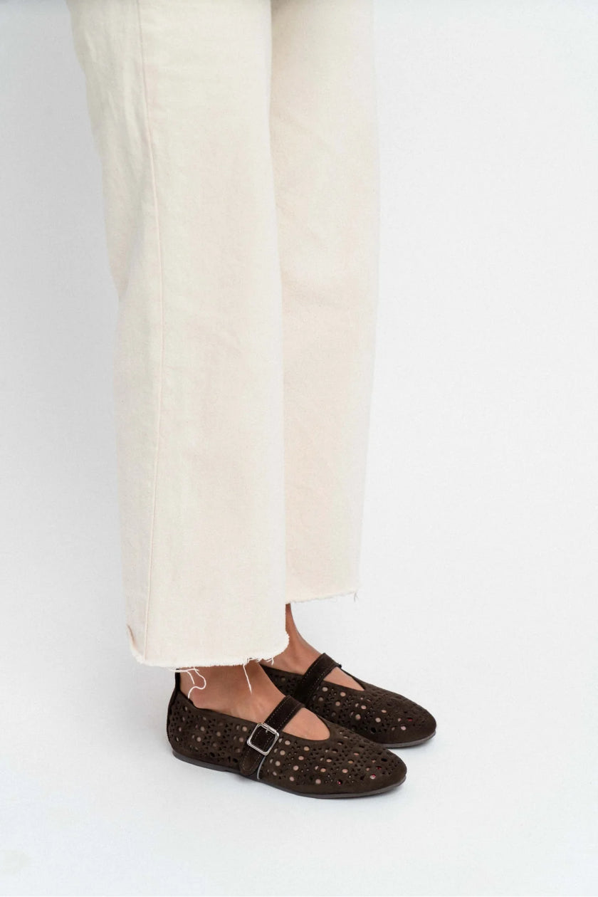 PATTER BROWN SUEDE STUDDED GENUINE LEATHER BUCKLE DETAIL FLAT SOLE BALLERINA