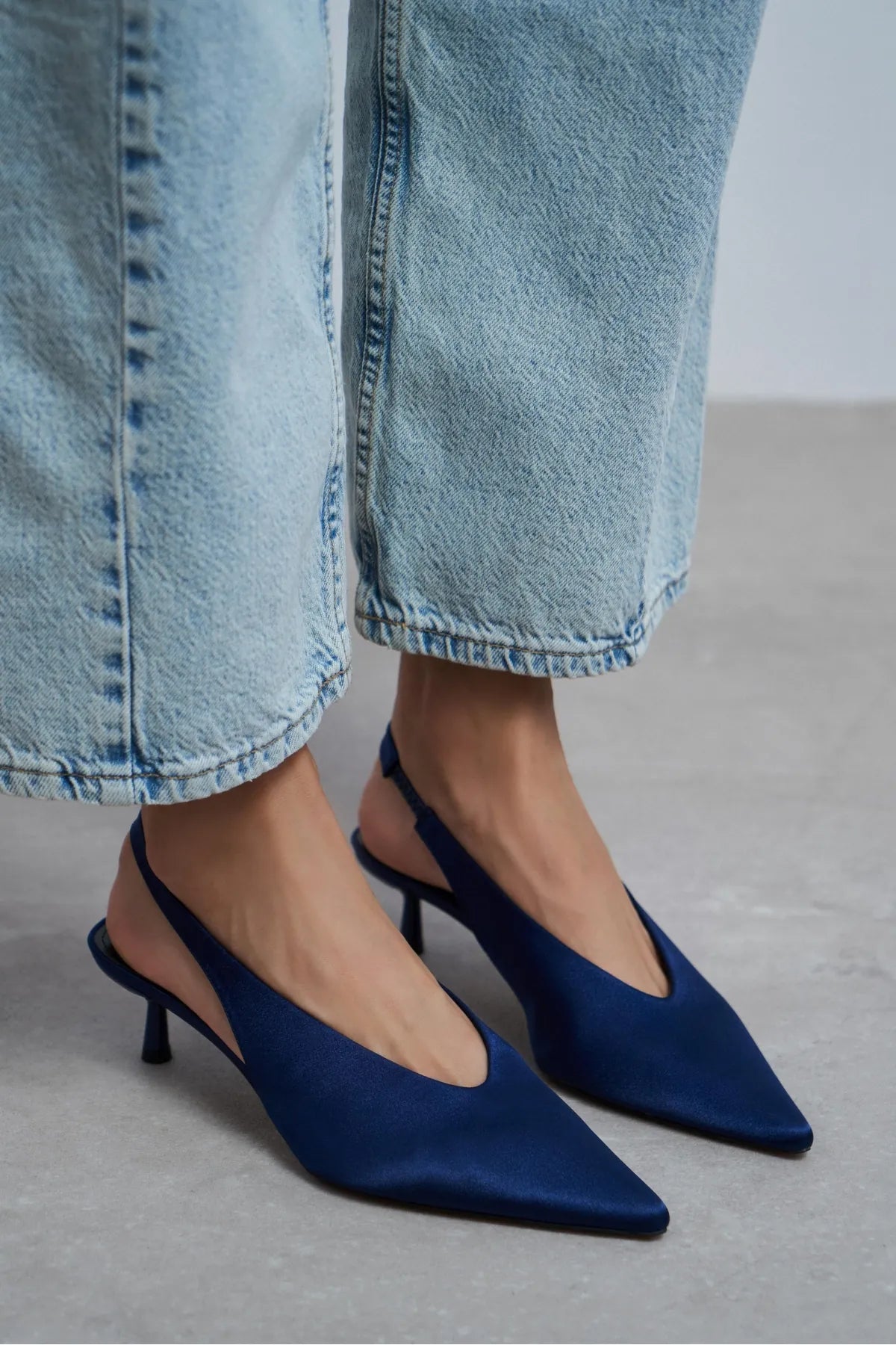WILSON Navy Satin Neoprene Slingback Women’s Heels
