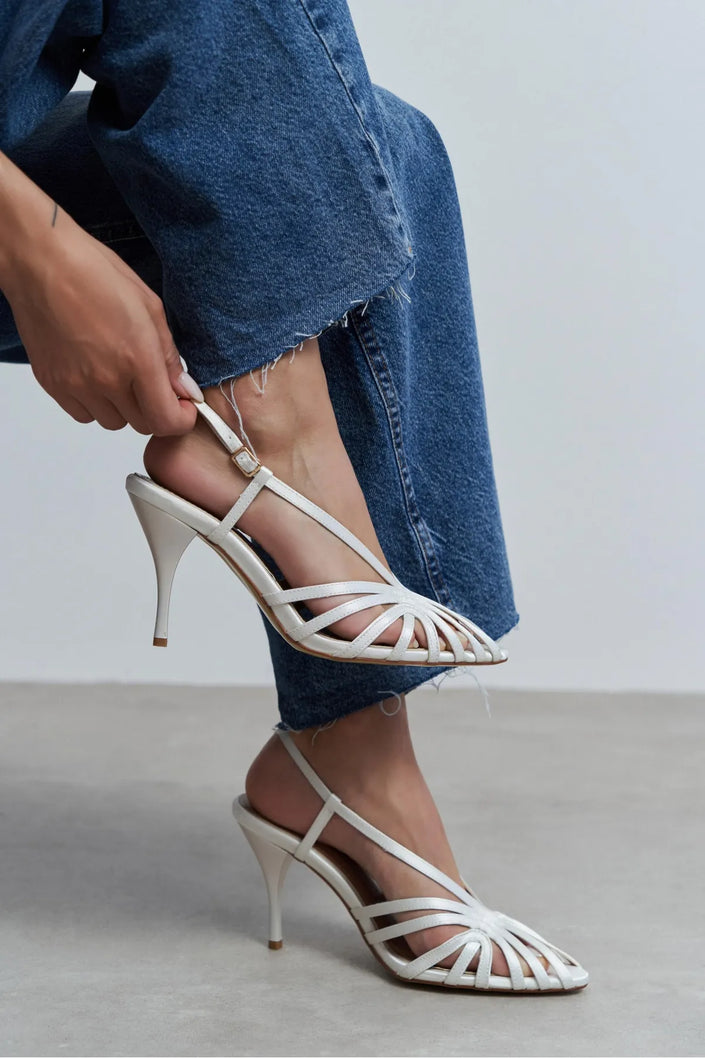 ERYU Pearl Satin Open-Toe Cage Detail Women’s High-Heel Shoes